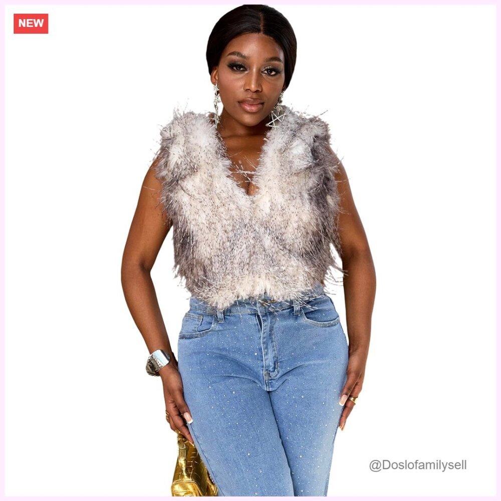 Faux Fur Halter Vest Crop Top Backless Lace Up Sexy Club Wear